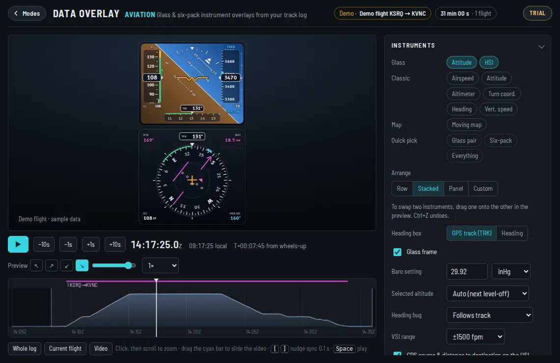The Data Overlay app in Aviation mode with sample data, the timeline below and the gauge settings on the right.
