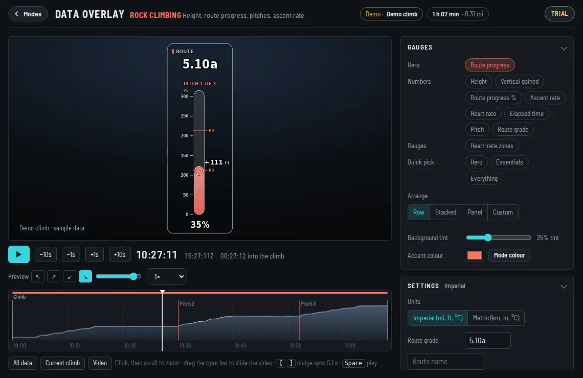 The Data Overlay app in Rock Climbing mode with sample data, the timeline below and the gauge settings on the right.