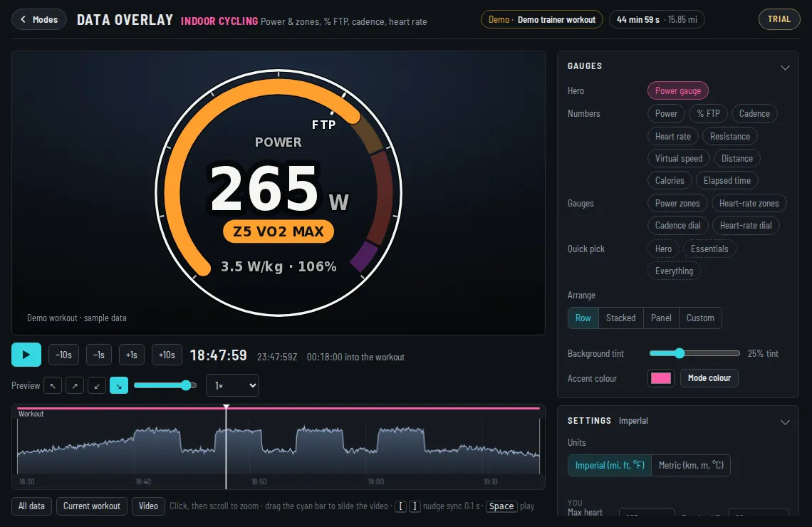 The Data Overlay app in Indoor Cycling mode with sample data, the timeline below and the gauge settings on the right.