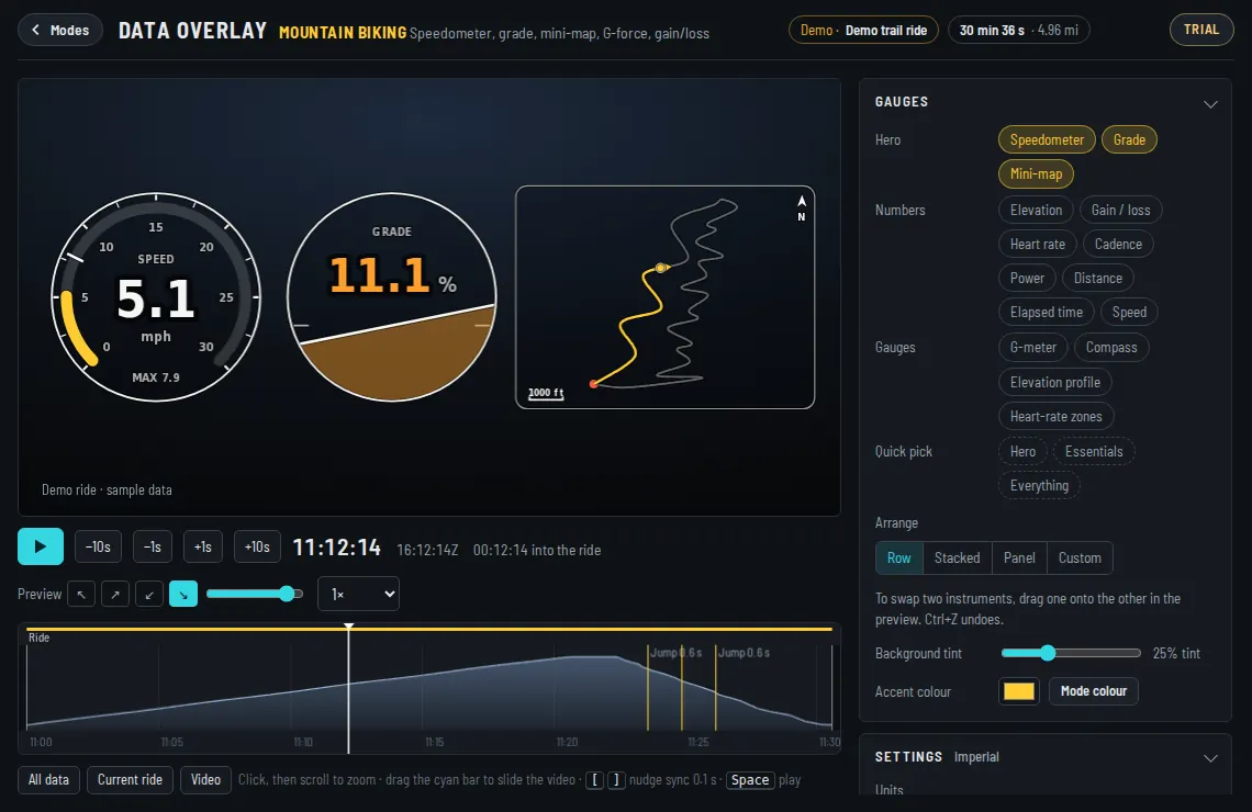 The Data Overlay app in Mountain Biking mode with sample data, the timeline below and the gauge settings on the right.