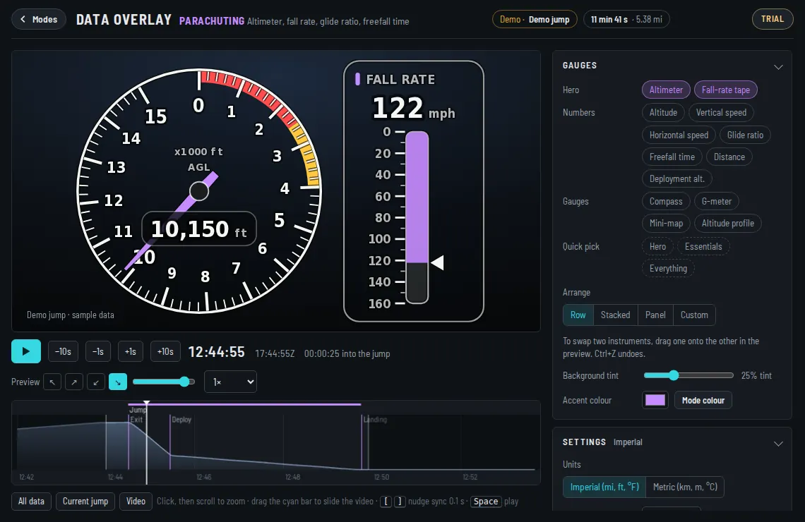 The Data Overlay app in Parachuting mode with sample data, the timeline below and the gauge settings on the right.