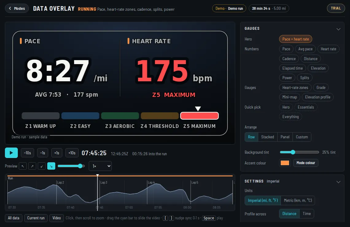 The Data Overlay app in Running mode with sample data, the timeline below and the gauge settings on the right.