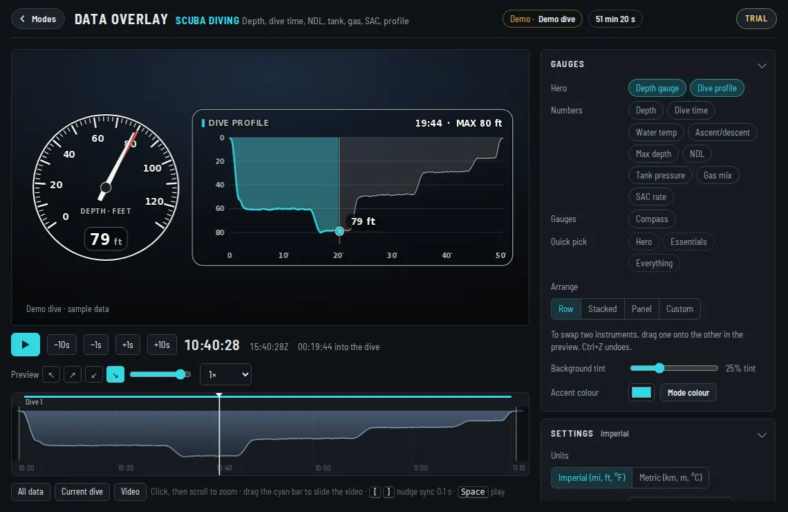 The Data Overlay app in Scuba Diving mode with sample data, the timeline below and the gauge settings on the right.
