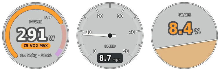 Power gauge at 291 watts in zone 5 with 3.9 W/kg and 116 percent of FTP, a speed dial at 8.7 mph and an 8.4 percent grade dial.