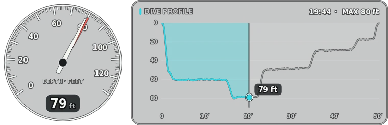 Depth gauge at 79 feet and the dive profile to a maximum depth of 80 feet.